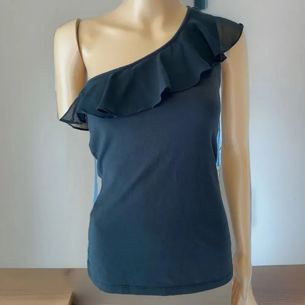 Y2K Express Babydoll Black One Shoulder Ruffle Stretch Self Bra Tank Top Lady M